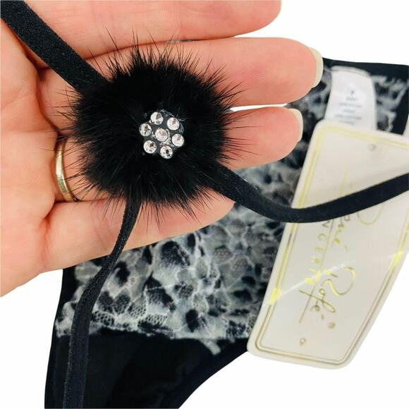 Rene Rofe Black Grey Leopard Animal Print G String Panty Rhinestone Boudoir - Picture 4 of 7